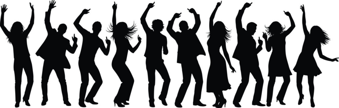 Energetic group dance silhouette collection featuring men and women in dynamic poses, celebration, entertainment, party movement, rhythm, expressive motion art