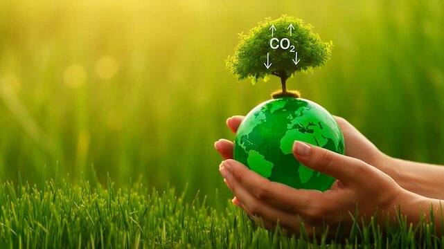 Hands cradling a green globe with a tree on top and co2 exchange in a grassy field with sunlight