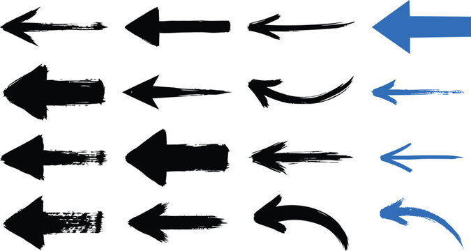 A comprehensive collection of black vector arrow icons and 3d pointers featuring sketch elements and directional web buttons for modern sign design