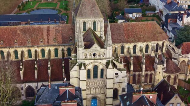 Saint-Pierre Cathedral in Lisieux, Normandy, France. Aerial backward ascending
