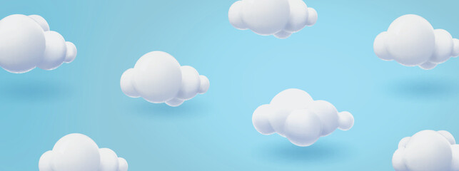 Fototapeta premium 3D white clouds in the blue sky background. Cartoon cute clouds in bubble shape. Plasticine 3d panorama funny banner render style. Trendy fluffy clouds. Vector