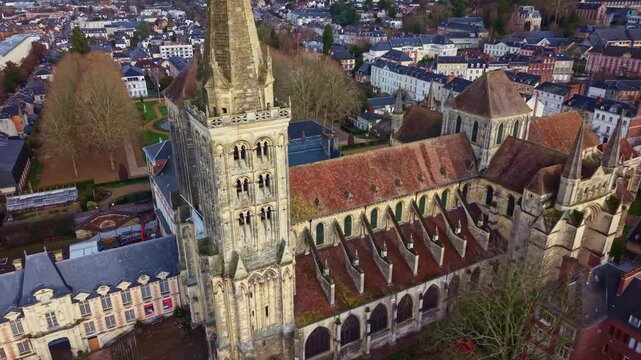 Saint-Pierre Cathedral in Lisieux, France. Aerial drone lateral