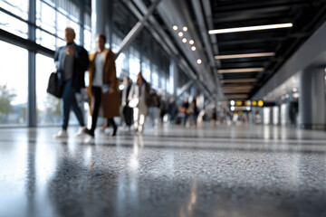 A dynamic corridor in an airport with travelers and natural light filtering through large windows, illustrating the movement and energy of the travel experience.