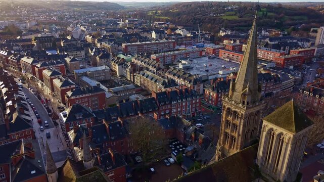 Saint-Pierre Cathedral, cityscape of Lisieux in Normandy, France. Aerial forward