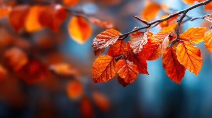 Obraz premium A close-up of vibrant orange leaves glistening with droplets of water, capturing the essence of autumn and the natural beauty of changing seasons in a dreamy atmosphere.