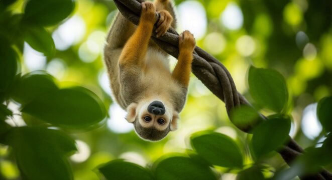 Cute squirrel monkey hanging upside down from a thick vine in a lush green forest
