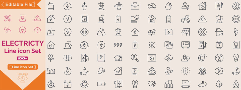 Electricity, electrical energy big line icon set. Contains icons Electric power line, light, light bulb and electrical equipment. Outline Icon Collection. Editable stroke. Vector illustration