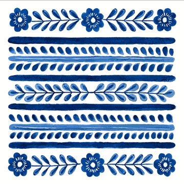 isolated clipart image of watercolor gouache blue and white borders strips floral folk easter geometric pattern tile vector icon monochrome simpl
