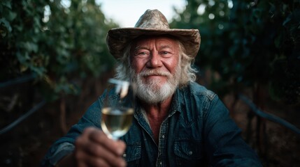 Fototapeta premium A joyful winemaker enjoys his time in a vineyard, celebrating the artistry and dedication involved in crafting fine wines, surrounded by flourishing grapevines.