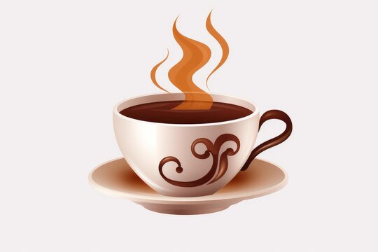 Hot coffee cup on saucer with steam rising, a symbol for morning energy