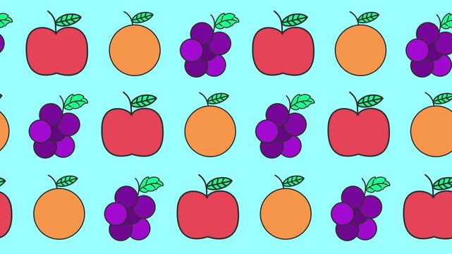 Seamless pattern with apples, oranges, and grapes on an abstract background animation. Vibrant fruit medley wallpaper with a minimalist healthy food backdrop with repeating colorful fruit icons.