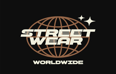Streetwear typography design with globe grid and star sparkles. Logo design in retro urban style for t-shirt, apparel graphic, street culture design element on dark background