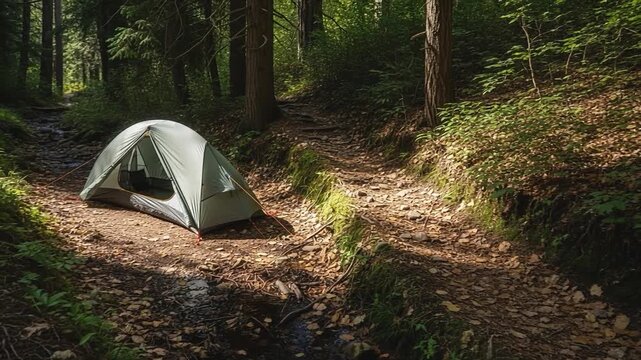 Secluded Campsite: A lone tent nestled in the heart of a lush forest, inviting adventurers to embrace nature and seek respite amidst tranquility.