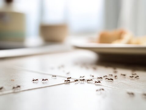 small ants crawling across kitchen counter toward food crumbs