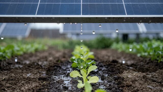 solar panels irrigating young seedlings with water drops in eco-friendly farm setting