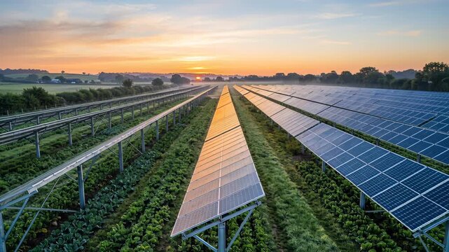 solar panels in lush green fields at sunrise capturing renewable energy in rural landscape