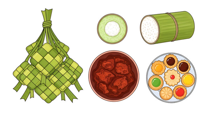flat vector illustration of traditional malaysian eid food set including ketupat, rendang, lemang, kuih raya cookies, top view composition, clean minimal vector style, bright festive colors, isolated 