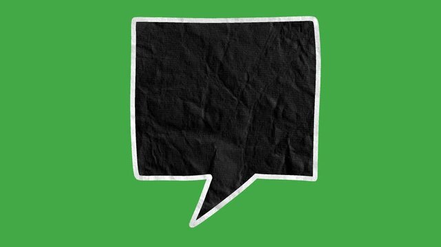 Black Paper Texture Speech Bubbles with White Outline on Green Screen | Crumpled Dark Paper Dialogue Box 2d animation | Hand-Drawn Doodle Comic Cloud animated asset