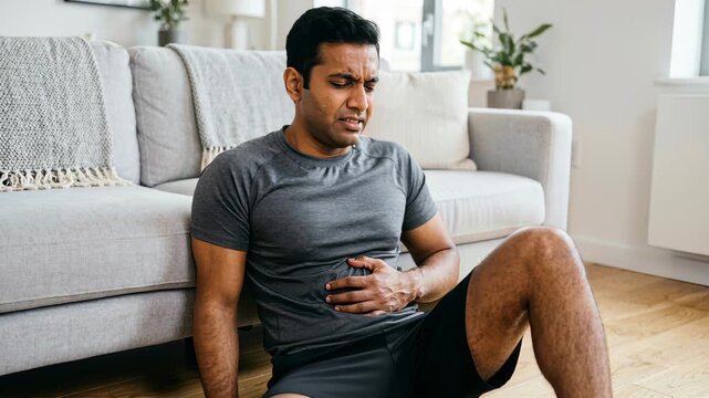 man in pain sitting on living room floor clutching stomach experiencing discomfort at home