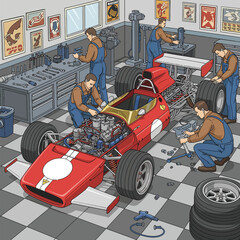 Naklejka premium Vintage Formula One Car Being Assembled in Workshop.