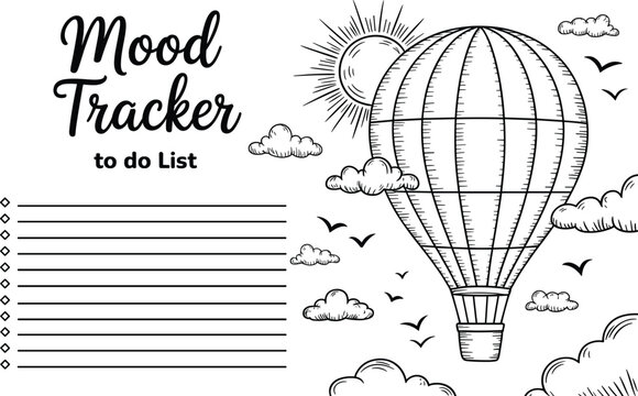 Black and white mood tracker with hot air balloon to do list