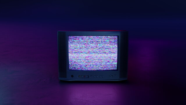 Retro Style Old TV Set with TV static on screen. Vintage 80s analog television with grain and No signal white noise. Broken television. Purple Neon Background. For mock up VFX compositing.