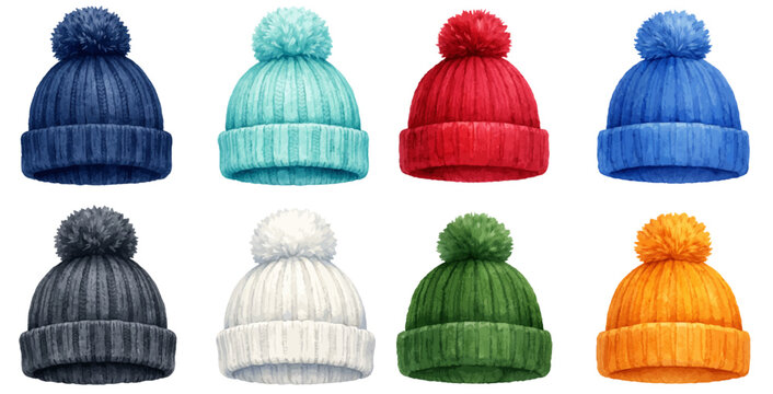 A charming watercolor collection of colorful knitted winter hats featuring cozy pom-pom beanies illustrated in a warm seasonal style.