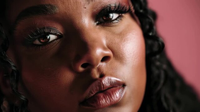 Beautiful plus size black woman radiates confidence and authenticity in a vibrant portrait captured indoors, showcasing stunning makeup against a soft pink backdrop
