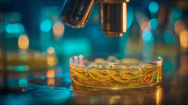 Scientific laboratory experiment in microbiology or stem cell research with a petri dish filled with a liquid sample and a microscope on a blur lit background. 