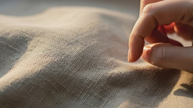Touch of Fabric: A gentle touch reveals the subtle texture and natural beauty of linen, the fingers caressing the surface with a sense of wonder.