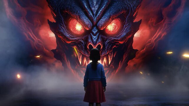 Cinematic girl facing a glowing red-eyed demonic creature in a dark, smoky environment, slow motion, symbolizing fear and courage