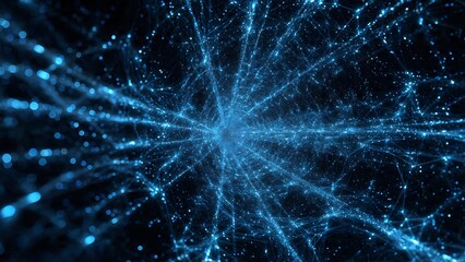 Fototapeta premium Glowing blue data particles travel through a digital network rapidly expanding outward
