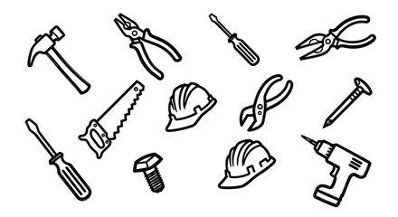 Collection of construction tools and safety helmets on a white background