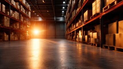 Fototapeta premium An expansive warehouse filled with neatly stacked boxes illuminated by a warm sunset glow, illustrating themes of industry, order, and the beauty of functional spaces.