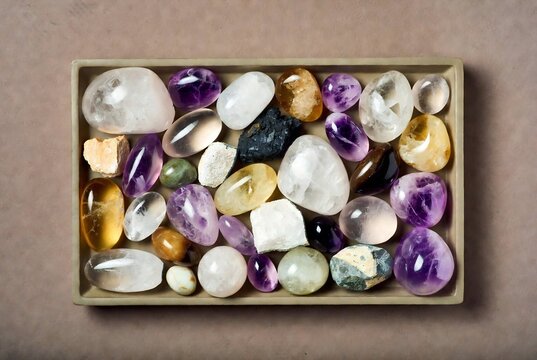 A collection of various gemstones rests in a tray.