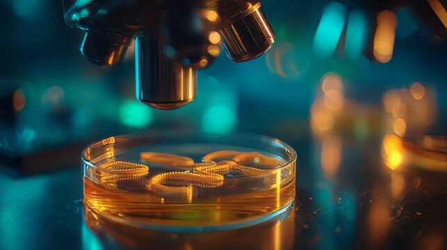 Scientific laboratory experiment in microbiology or stem cell research with a petri dish filled with a liquid sample and a microscope on a blur lit background. 