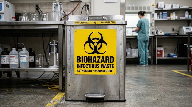Yellow biohazard waste container in laboratory environment for Tuberculosis  