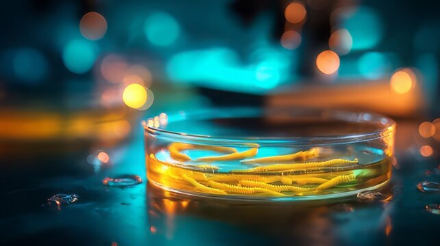 Scientific laboratory experiment in microbiology or stem cell research with a petri dish filled with a liquid sample and a microscope on a blur lit background. 
