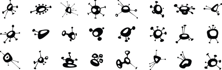 Abstract molecular icons set for science, chemistry, and technology design. Minimal black symbols with atomic nodes, connections, and futuristic structures. Clean vector graphics for research, biotech