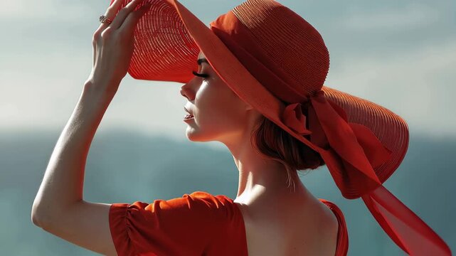 Elegant woman in a red sunhat enjoys the ocean view at a coastal location during a sunny day, embodying the essence of a serene getaway with nature's beauty
