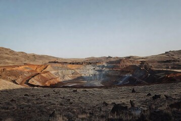 A vast, arid landscape of a copper mine with colorful tailings and distant mesas.