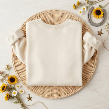 Square folded sweatshirt mockup. Natural long sleeve shirt flat lay on wicker placemat, fresh sunflowers, horseshoe nearby. Blank casual jumper template. Unisex basic crewneck pullover