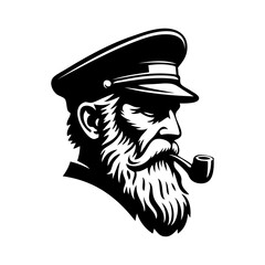 Hombre maduro con gorra de capitán. Dibujo de viejo marinero con barba larga fumando en pipa © teracreonte
