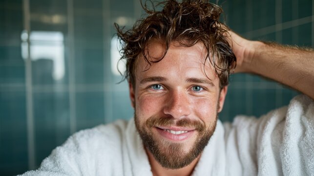 This intimate portrait features a smiling man with wet hair, dressed in a bathrobe, standing in a serene bathroom setting, radiating relaxation and comfort.
