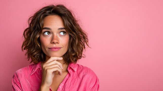 A thoughtful woman poses against a soft pink background, capturing a moment of introspection and beauty, representing self-reflection and contemporary fashion.