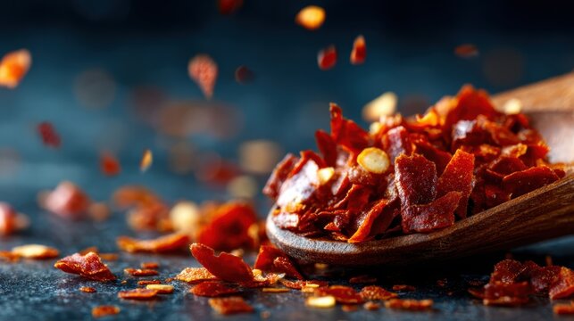 This close-up image features a scattering of vibrant red chili flakes, showing their texture and vivid color, ideal for enhancing various dishes or food photography concepts.