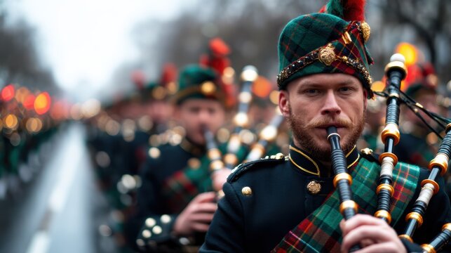 A focused bagpiper leads a group of musicians dressed in ceremonial attire, parading down a misty street, capturing the energy and tradition of cultural celebrations.