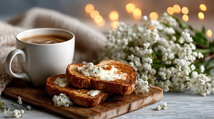 Fototapeta premium A serene breakfast scene featuring buttered toast accompanied by a warm cup of coffee, adorned with delicate flowers, radiating comfort and homeliness in a cozy atmosphere.