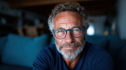 Obraz premium A warm portrait of a mature man with glasses and a beard, smiling gently at the camera, set in a relaxed environment that radiates wisdom, experience, and tranquility of life.