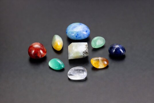 A collection of various gemstones rests on a dark gray surface.